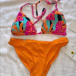 Body Glove Vibrant Pink and Green Bikini canopy print top S solid bottom XS